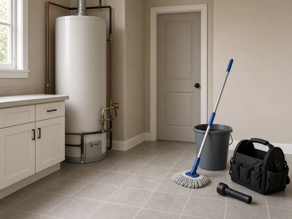 Illustration of a utility room with a water heater, mop, and tool bag