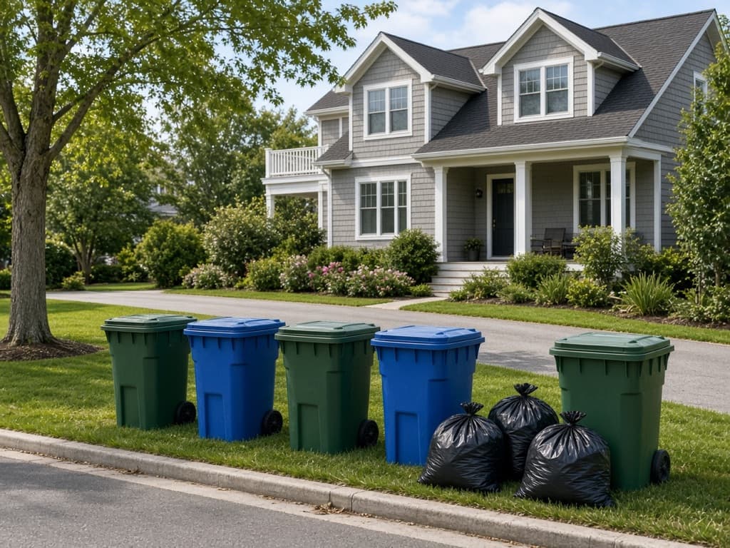 Illustration of trash and recycling bins lined up at the curb