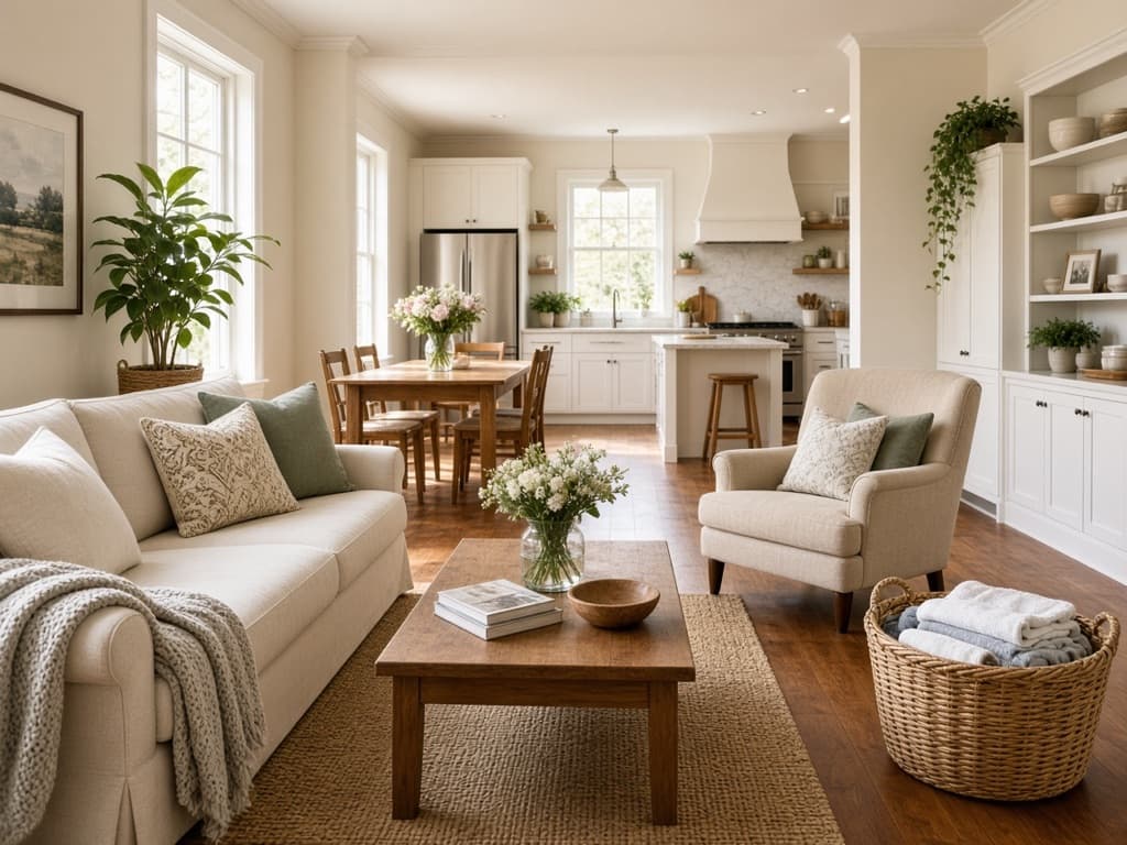 Illustration of a clean, tidy family living room and open kitchen