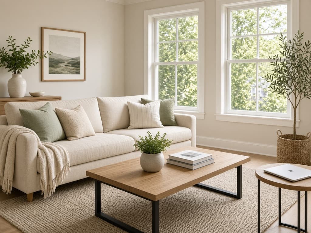 Illustration of a staged short-term rental living room ready for listing photos